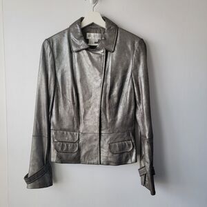 Worth womens  Metallic biker Moto  Leather Jacket size 10 Lined Snap Up